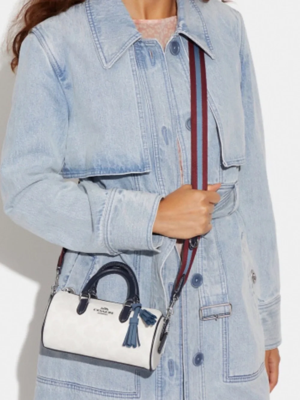 Coach White Lacey Crossbody in Signature Canvas and Blue Tassel